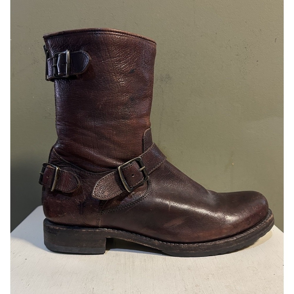 Frye Veronica Back Zip Short Moto Boots Womens Brown Leather Buckle Sz 10 Biker
